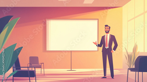 A business woman in a suit holds a blank sign in the office after checking her presentation 