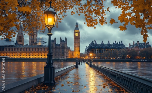 Autumn in london with big ben and houses of parliament along the thames river