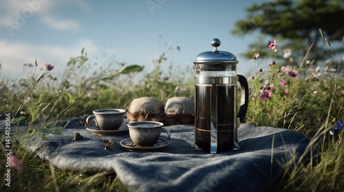Fototapeta Naklejka Na Ścianę i Meble -  Outdoor coffee break in meadow