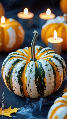 Vibrant colorful striped autumn pumpkin with long stem surrounded by glowing candles and scattered leaves on dark background for cozy fall decoration photo