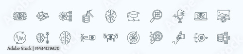 Artificial intelligence thin icon set containing machine learning, neural network, natural language processing, data mining, fuzzy logic

