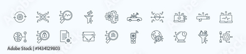 Artificial intelligence thin icon set containing optimization,emotion recognition,anomaly detection,spam filtering,automatic control
