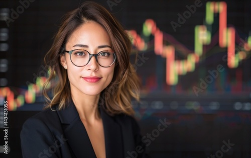 A confident woman in glasses stands before a colorful financial chart, embodying professionalism and expertise in the business environment.