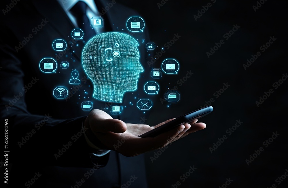 Man holding a phone with a digital head and social media icons hovering above Man holding a phone with a digital head and social media icons hovering above