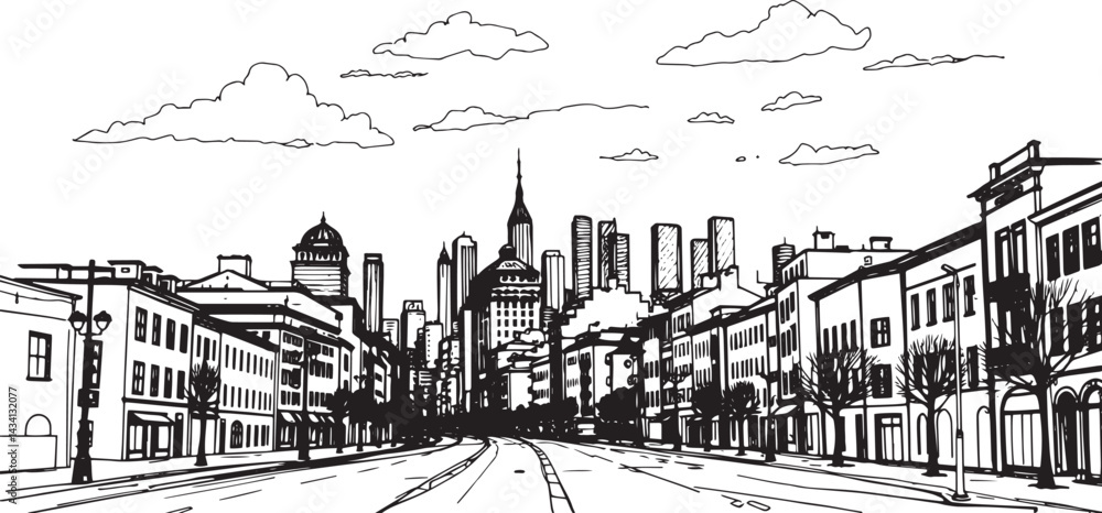 Obraz premium City landscape. Line urban backdrop. Skyline with clouds, different buildings on street, doodle street draw, outline cityscape hand sketch, flat houses. Hand drawn vector illustration