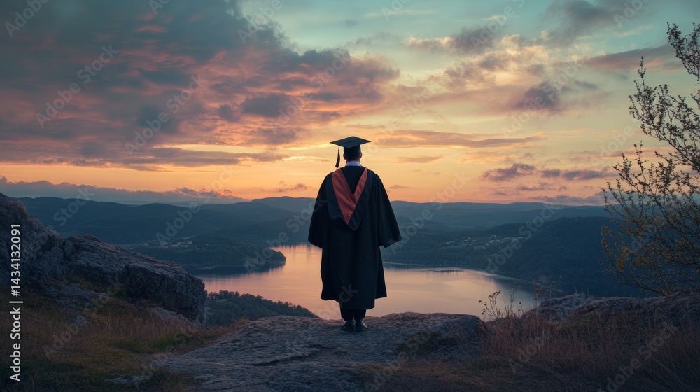 person in a degree gown on top of a hill with a beautiful landscape
