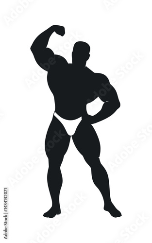 Silhouette Of Bodybuilder Flexing Arm Muscles In White Trunks Against A White Background