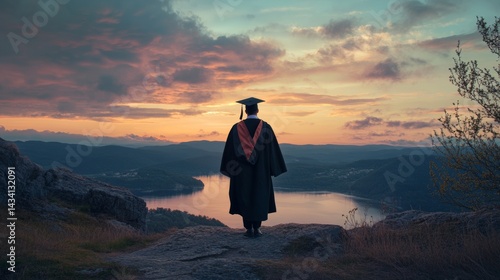 Obraz na płótnie person in a degree gown on top of a hill with a beautiful landscape w salonie