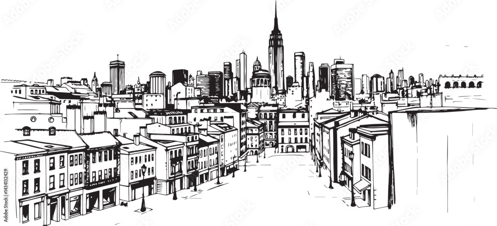 Obraz premium City landscape. Line urban backdrop. Skyline with clouds, different buildings on street, doodle street draw, outline cityscape hand sketch, flat houses. Hand drawn vector illustration