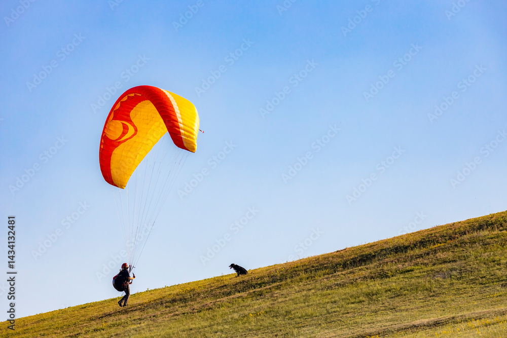 Paraglider running on a hill with his dog watching him flying with colorful parachute