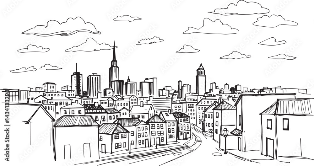 City landscape. Line urban backdrop. Skyline with clouds, different buildings on street, doodle street draw, outline cityscape hand sketch, flat houses. Hand drawn vector illustration City landscape. Line urban backdrop. Skyline with clouds, different buildings on street, doodle street draw, outline cityscape hand sketch, flat houses. Hand drawn vector illustration