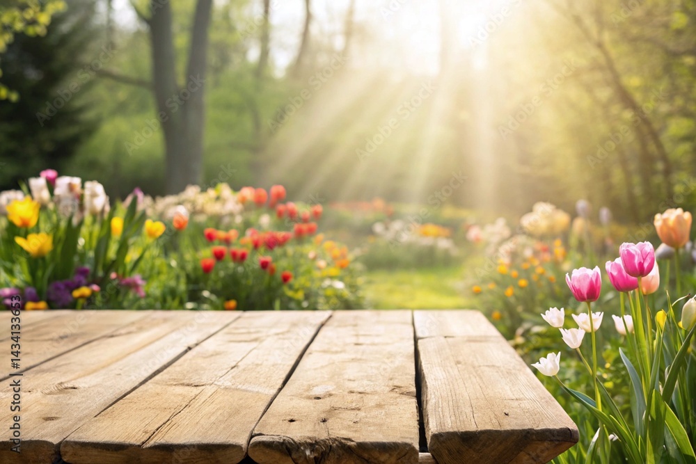 Fototapeta premium Wooden table against blurred spring garden backdrop. Colorful tulips flowers and bright sun rays, sunlight - generated by ai
