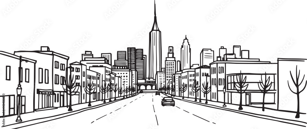 Fototapeta premium City landscape. Line urban backdrop. Skyline with clouds, different buildings on street, doodle street draw, outline cityscape hand sketch, flat houses. Hand drawn vector illustration