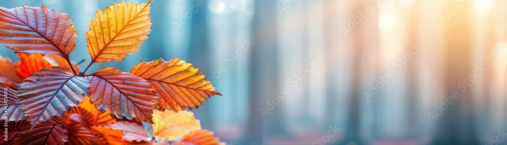 Vibrant autumn leaves in focus, set against a misty forest backdrop, capturing the beauty of nature in fall. Vibrant autumn leaves in focus, set against a misty forest backdrop, capturing the beauty of nature in fall.
