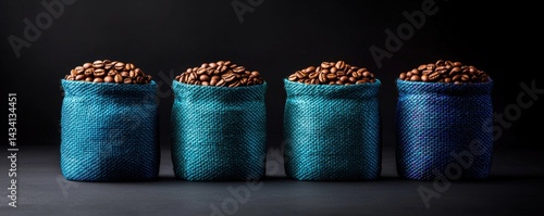 Four bags filled with coffee beans, set against a dark background, showcasing the rich texture and color of the beans and the vibrant bags.