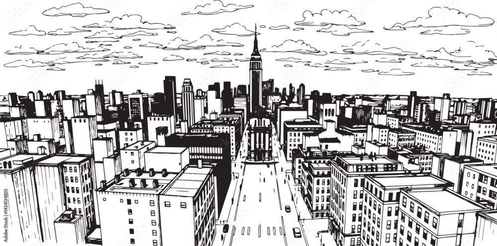 Obraz premium City landscape. Line urban backdrop. Skyline with clouds, different buildings on street, doodle street draw, outline cityscape hand sketch, flat houses. Hand drawn vector illustration
