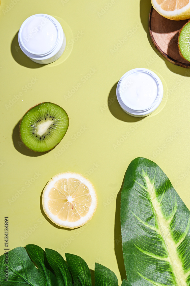 Natural skincare cream jars placed with fresh lemon and kiwi slices, large tropical leaves, and wooden props on a pastel lime background. Bright, healthy, organic beauty product concept