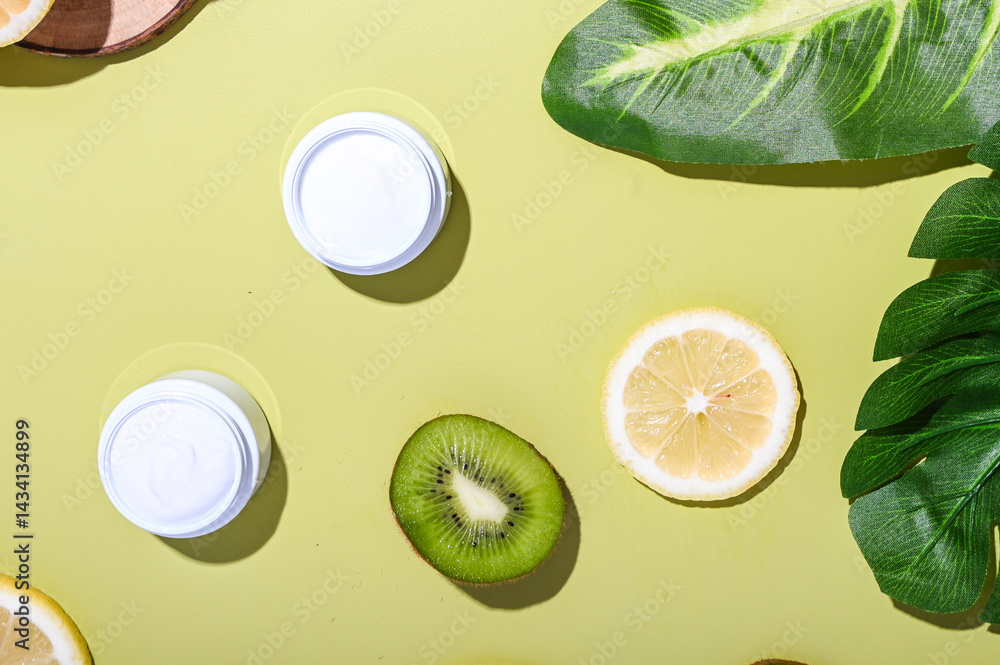 Natural skincare cream jars placed with fresh lemon and kiwi slices, large tropical leaves, and wooden props on a pastel lime background. Bright, healthy, organic beauty product concept