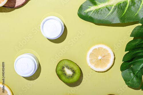 Obraz na płótnie Natural skincare cream jars placed with fresh lemon and kiwi slices, large tropical leaves, and wooden props on a pastel lime background. Bright, healthy, organic beauty product concept w salonie