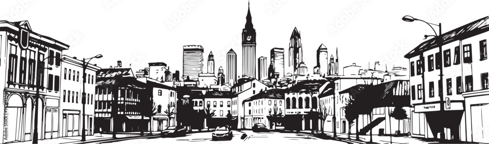 Fototapeta premium City landscape. Line urban backdrop. Skyline with clouds, different buildings on street, doodle street draw, outline cityscape hand sketch, flat houses. Hand drawn vector illustration