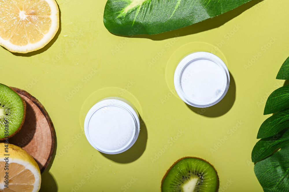 Natural skincare cream jars placed with fresh lemon and kiwi slices, large tropical leaves, and wooden props on a pastel lime background. Bright, healthy, organic beauty product concept