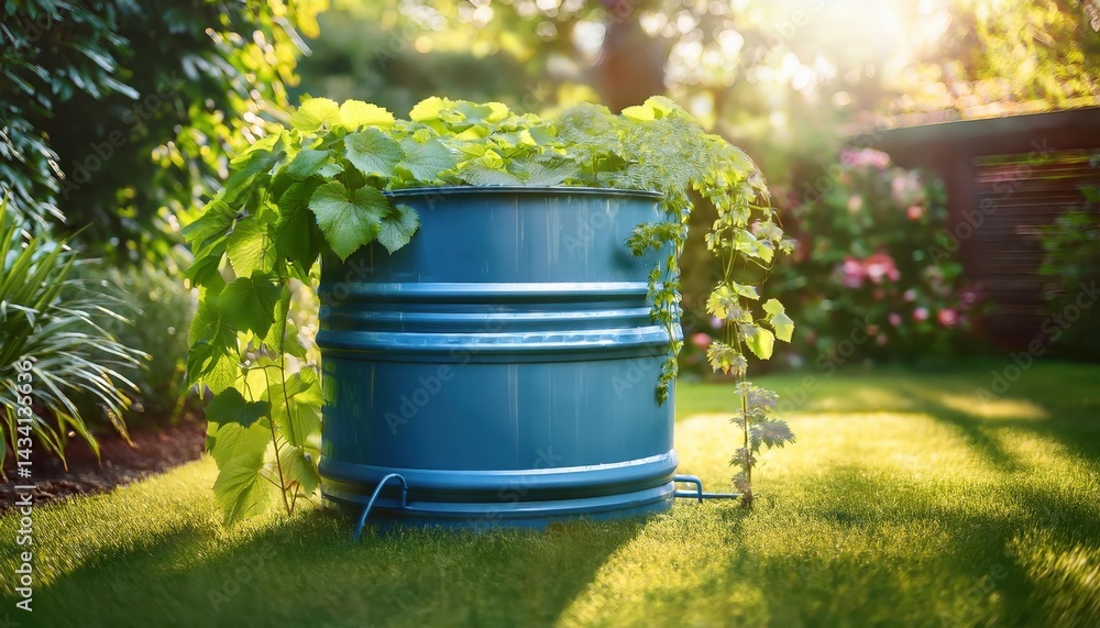 Lush Garden rainwater harvesting Barrel on a Sunny Day with Greenery Overflowing Gracefully in Natural Harmony Lush Garden rainwater harvesting Barrel on a Sunny Day with Greenery Overflowing Gracefully in Natural Harmony