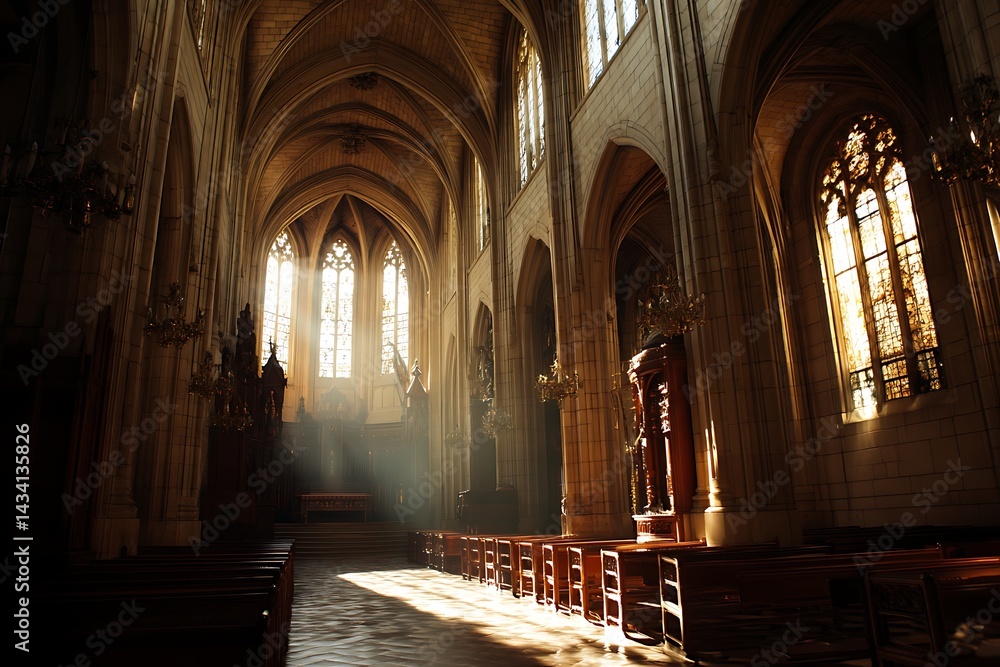 Obraz premium Sunlit gothic church in black white interior photography