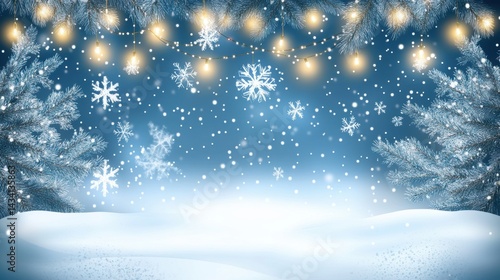 Wallpaper Mural Winter background with snow, snowflakes, fir trees and string lights. Festive Christmas and New Year design. Torontodigital.ca