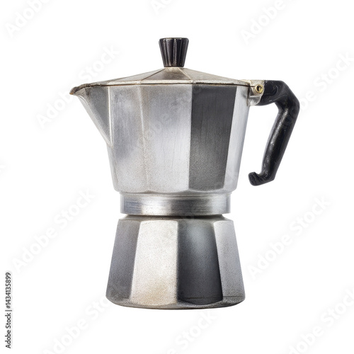A classic stovetop espresso maker with a metallic finish featuring a distinct octagonal shape and a black handle.