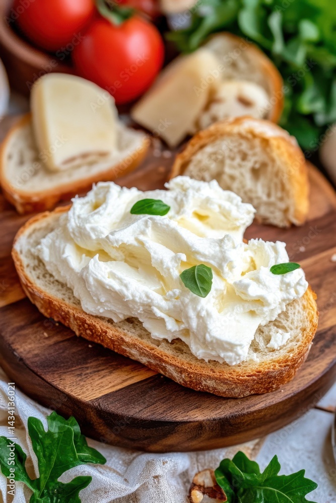 Creamy ricotta cheese on toasted bread with fresh basil leaves and tomatoes on a wooden board rustic charm culinary delight food photography close up Creamy ricotta cheese on toasted bread with fresh basil leaves and tomatoes on a wooden board rustic charm culinary delight food photography close up