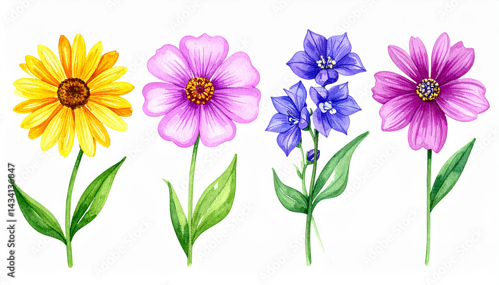 Watercolor illustration, set of summer flowers isolated on white. Beautiful plants. Hand drawn art Watercolor illustration, set of summer flowers isolated on white. Beautiful plants. Hand drawn art
