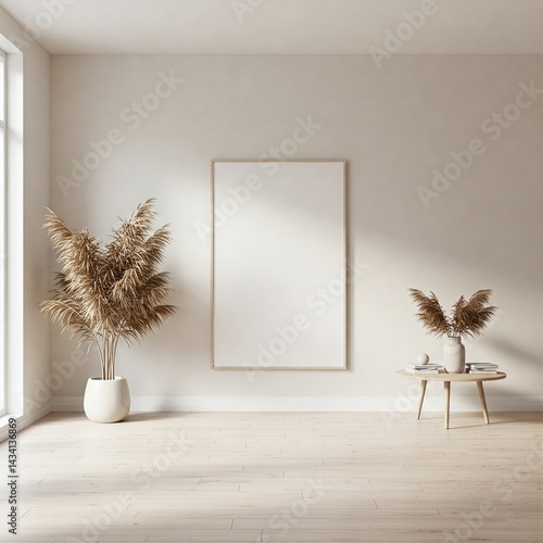 Interior Mockup Minimalist Living Room Empty Frame White Wall Isolated