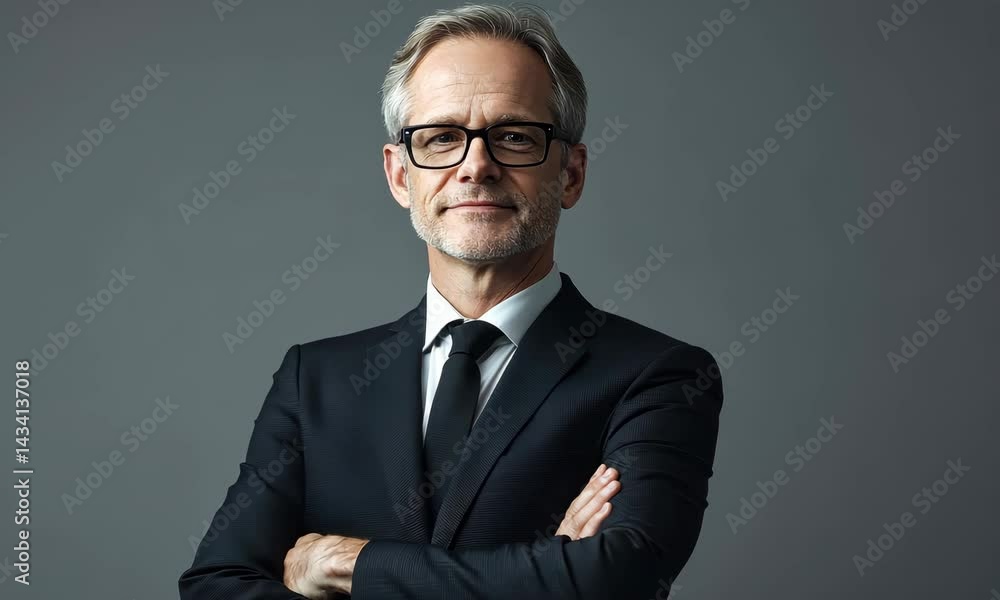 Confident businessman posing with folded arms against gray background in formal attire Confident businessman posing with folded arms against gray background in formal attire