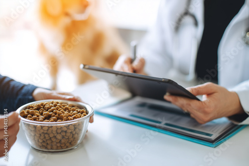 vet nutritionist showing a pet food plan to a dog owner