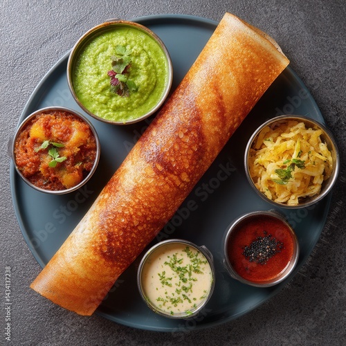 Delicious crispy dosa with vibrant chutneys served on a platter a culinary delight showcasing south indian cuisine with a tantalizing array of flavors and textures