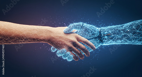 Human and artificial intelligence shaking hands. Digital handshake demonstrating collaboration between man and robot technology in a futuristic digital environment concept.