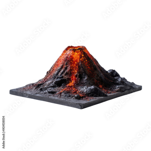 A detailed model of a volcano, showcasing lava flow and rocky texture, highlighting its eruptive characteristics.