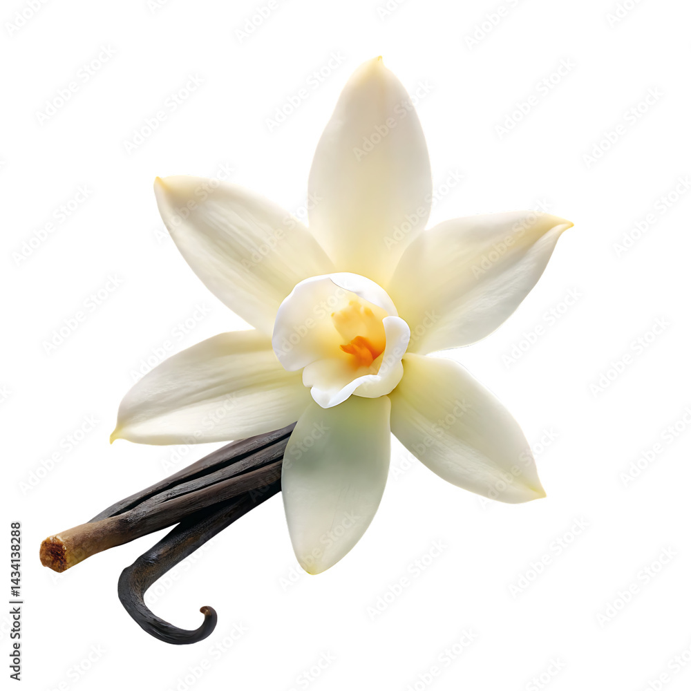 Obraz premium A white vanilla flower with a sticks isolated on white background .PNG