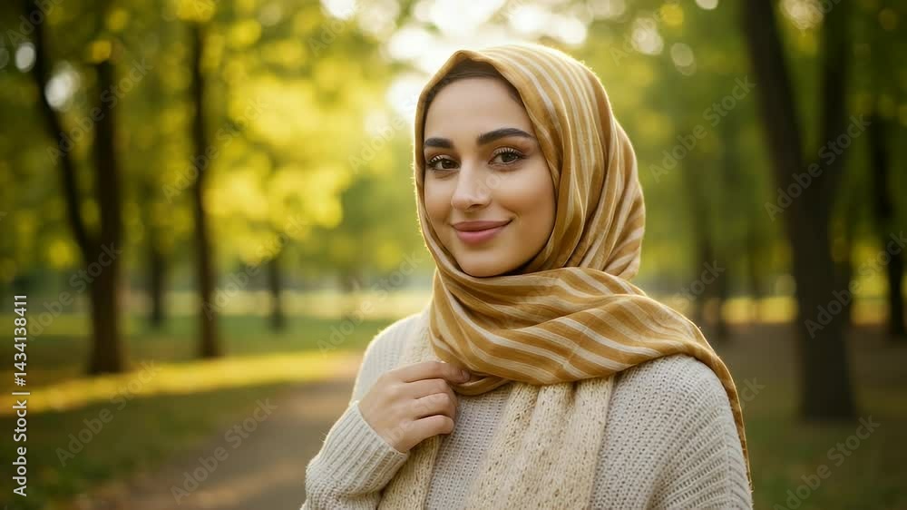 Portrait of a smiling woman wearing a hijab in a park during autumn Portrait of a smiling woman wearing a hijab in a park during autumn