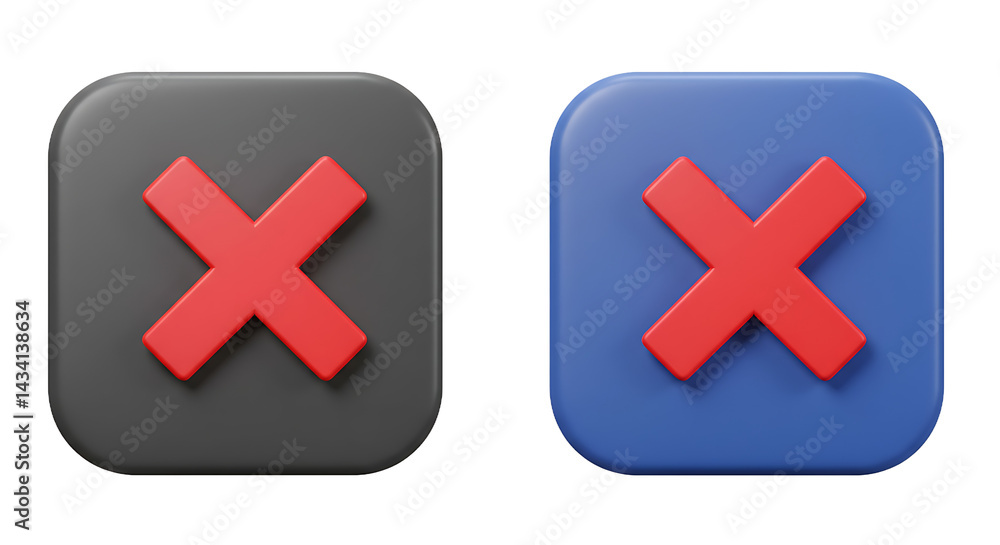 Obraz premium Two rounded square icons with red x symbols on a black background and a blue background