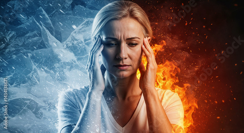 Woman Feeling Stressed Amidst Flames and Ice Background  
