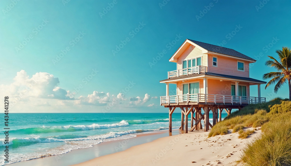 Beach house on stilts overlooking a serene ocean backdrop Beach house on stilts overlooking a serene ocean backdrop