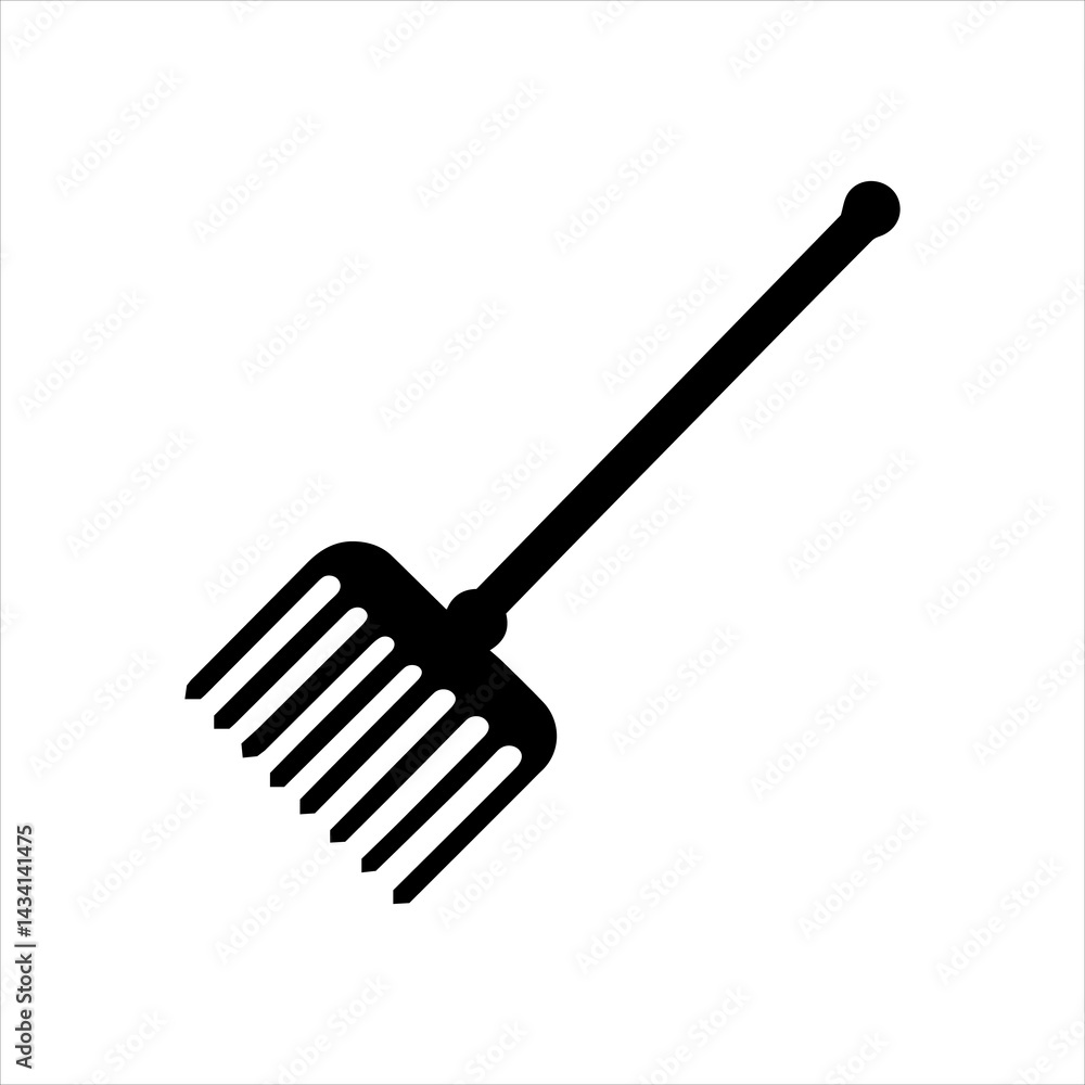 A simple, graphic silhouette of a garden rake isolated on a bright white background. A simple, graphic silhouette of a garden rake isolated on a bright white background.