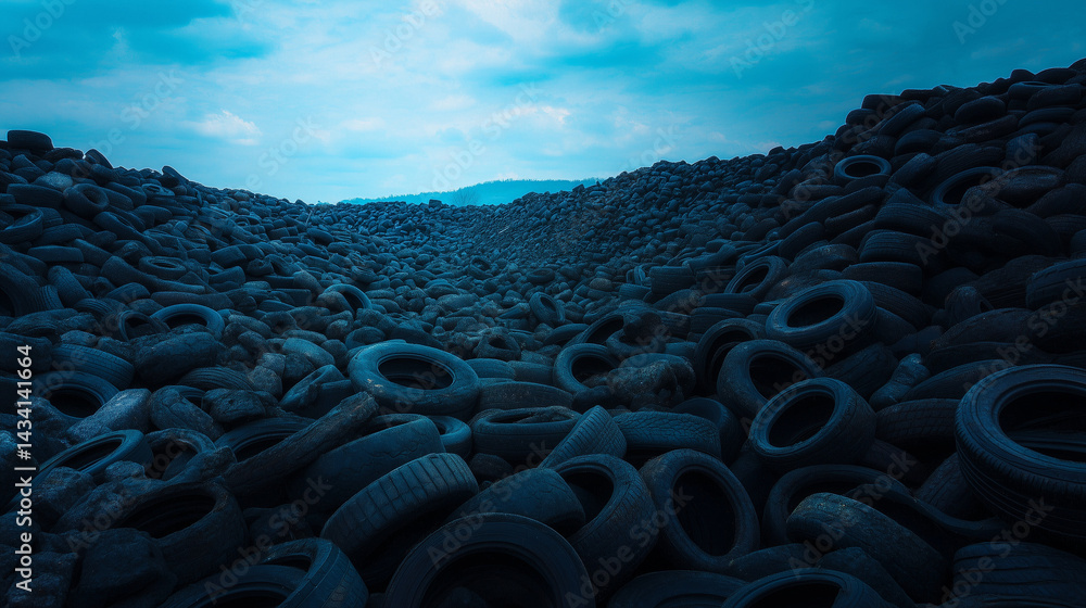 Obraz premium Pile of old tires for rubber recycling. Treatment of used tires and wheels in an industrial landfill.