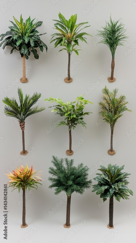 Fototapeta premium Collection of diverse artificial trees against a neutral background showcasing indoor plant decor and botanical design for home and office spaces with a minimalist aesthetic