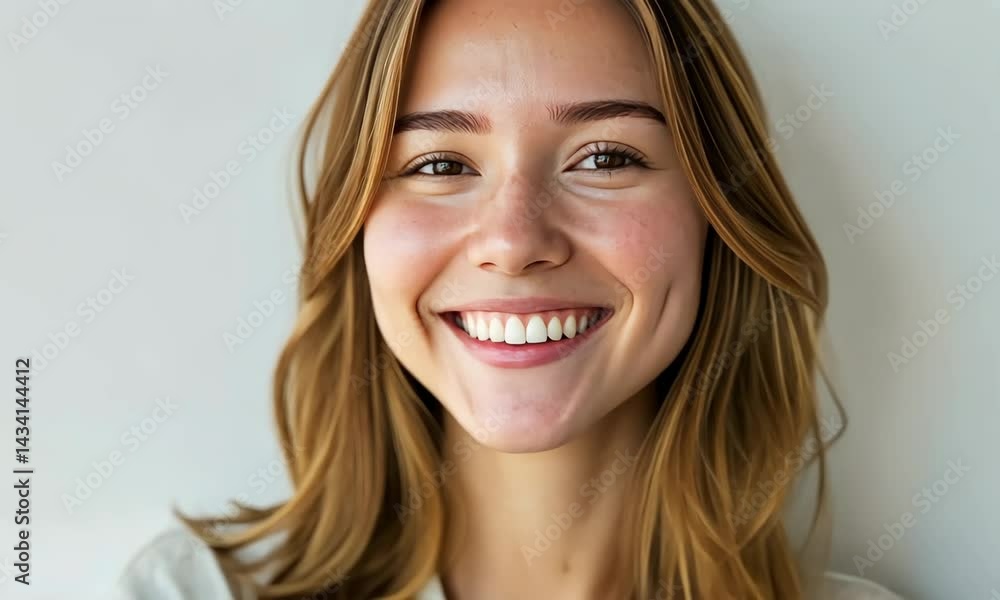 Woman smiling radiantly against white wall in closeup sequence Woman smiling radiantly against white wall in closeup sequence