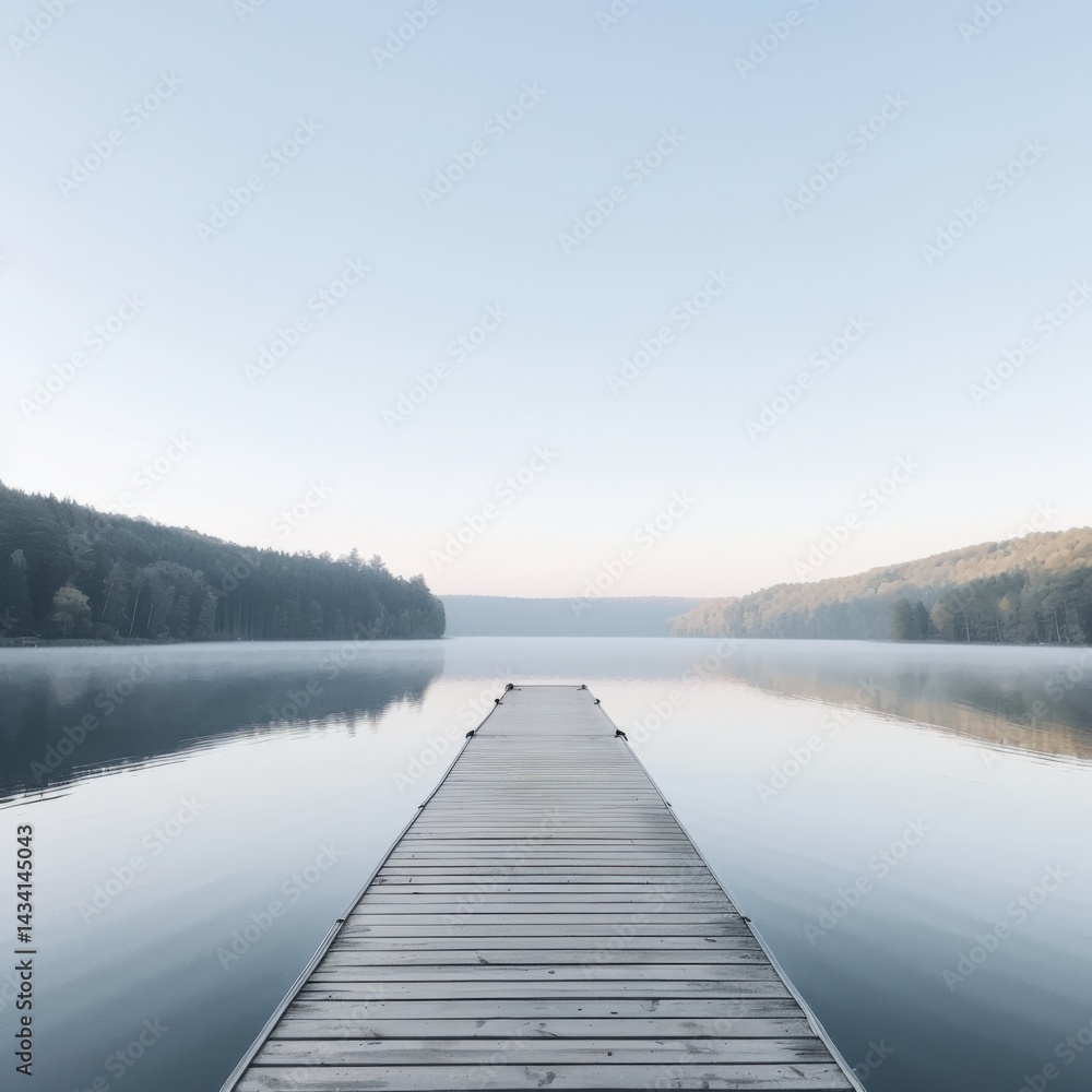 Naklejka premium A tranquil wooden dock extends into a calm lake, surrounded by lush forests and a clear blue sky, creating a serene natural landscape.