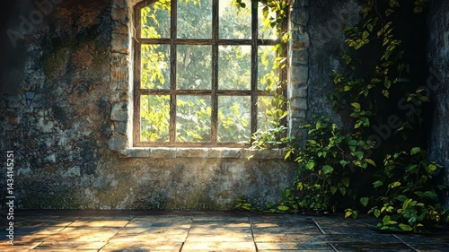 Sunlit room in a dilapidated stone building, overgrown with ivy
