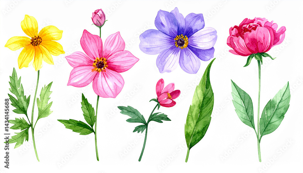 Watercolor illustration, set of summer flowers isolated on white. Beautiful plants. Hand drawn art Watercolor illustration, set of summer flowers isolated on white. Beautiful plants. Hand drawn art