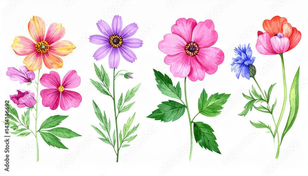 Watercolor illustration, set of summer flowers isolated on white. Beautiful plants. Hand drawn art Watercolor illustration, set of summer flowers isolated on white. Beautiful plants. Hand drawn art